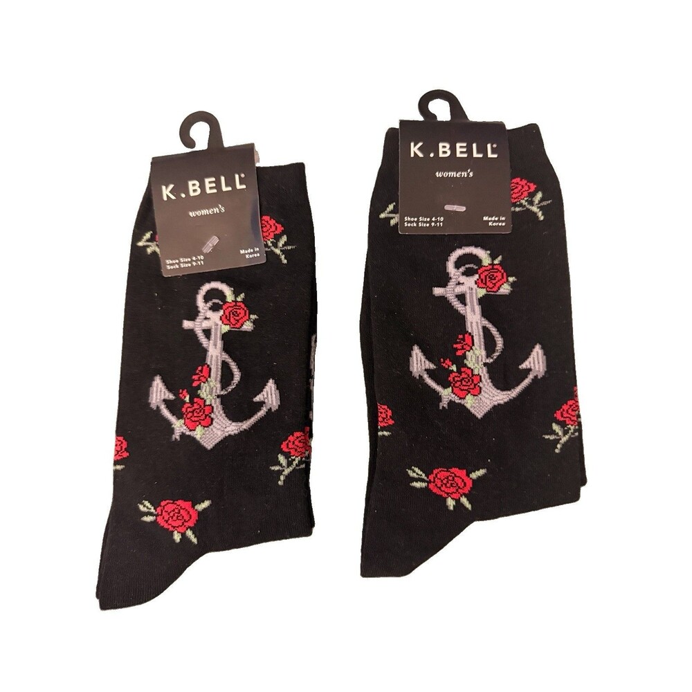 Womens Crew Socks 2 Pair Lot Anchor Roses Black Floral K.bell Size 4-10 New